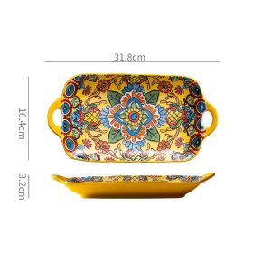 Bohemian Double Ear Ceramic Household Steamed Fish Plate (Color: Yellow)